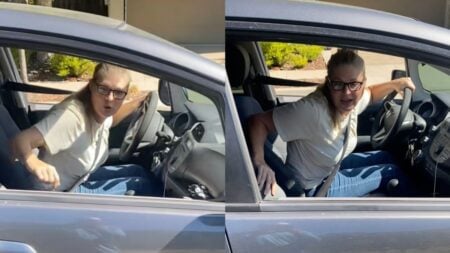 Video still of a California woman confronting a Black father and his biracial daughter, accusing him of trafficking her during a San Jose street encounter.