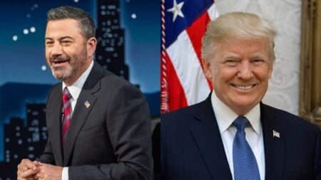A picture of New York TV host Jimmy Kimmel and Donald Trump.