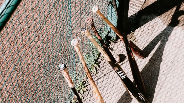 Baseball bats leaning against a fence.