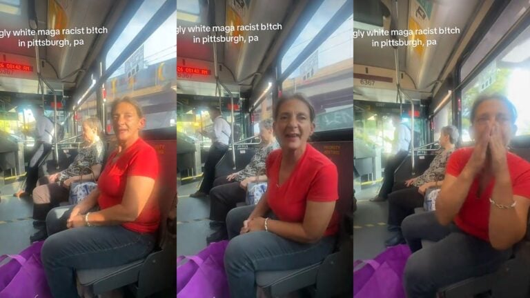 ‘Go Back to Haiti’: Pennsylvania Bus Rider Unleashes Racist Rant at Fellow Passenger Woman riding on a bus, speaking.