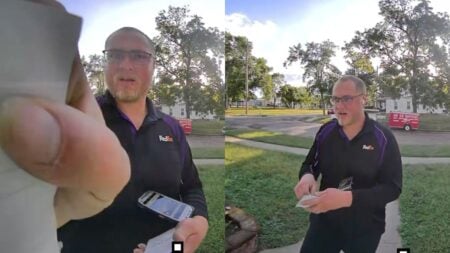 Doorbell camera footage shows a FedEx driver in Iowa covering the lens with a notice instead of delivering a package.