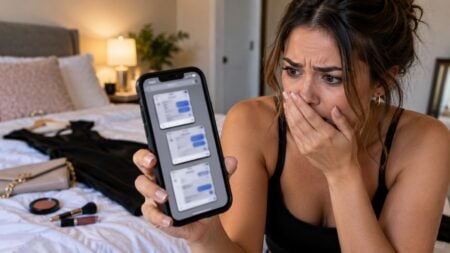 A photo of a woman holding a cell phone showing text messages