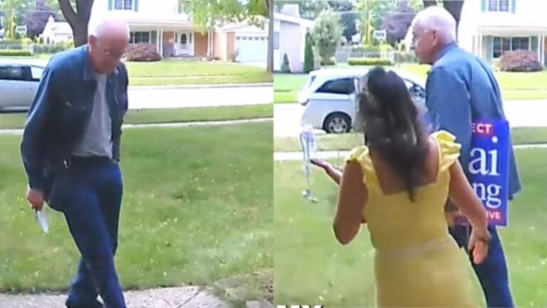 Ring doorbell footage shows an elderly man asking a Michigan Democratic lawmaker for a campaign yard sign at her front door.