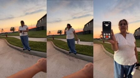 ‘You Have to Press the Call Button’: Texas Kid Claps Back After Woman Threatens to Call Police Over Bike A woman holding a phone.