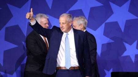 Former Republican Party Chairman Michael Whatley speaking with attendees at the Republican Jewish Coalition's 2026 Annual Leadership Summit at the Venetian Convention & Expo Center in Las Vegas, Nevada.