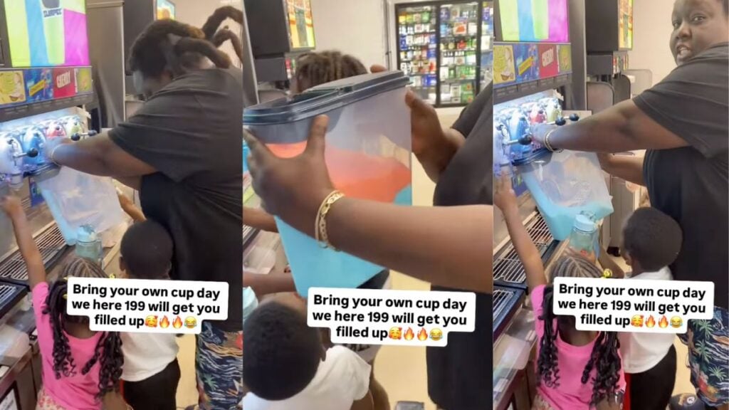 Florida Customers Dragged After Bringing Huge Containers for $1.99 Slurpees During ‘Bring Your Own Cup Day’: ‘We Are Becoming a Low-Trust Society’ Florida convenience store customers fill large containers with Slurpees during a Bring Your Own Cup Day promotion.