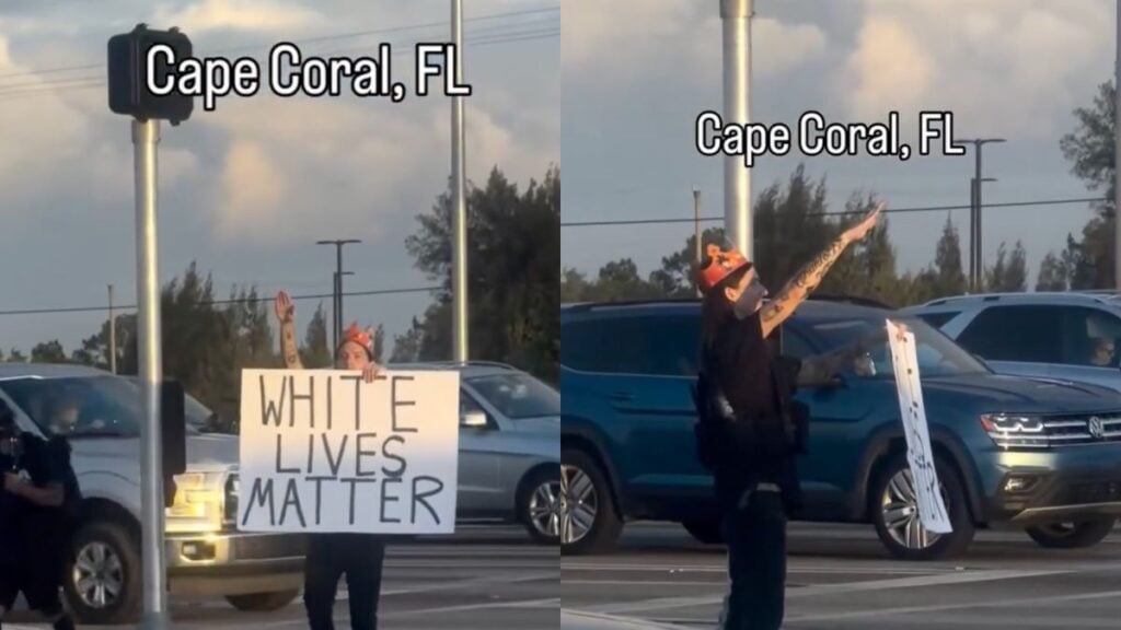 Florida Man Stands for Hours With ‘White Lives Matter’ Sign and Repeatedly Gives Controversial Salute: ‘He’s Simply Doing It for Clicks’ Florida man holding White Lives Matter sign gives controversial salute at Cape Coral intersection.