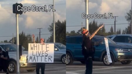 Florida Man Stands for Hours With ‘White Lives Matter’ Sign and Repeatedly Gives Controversial Salute: ‘He’s Simply Doing It for Clicks’ Florida man holding White Lives Matter sign gives controversial salute at Cape Coral intersection.