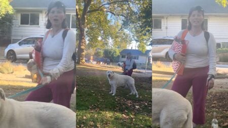 ‘Karen Capital of the World’: Oregon Woman Confronts Couple in Park Over Alleged PDA Woman holding dog leash and wine bottle.