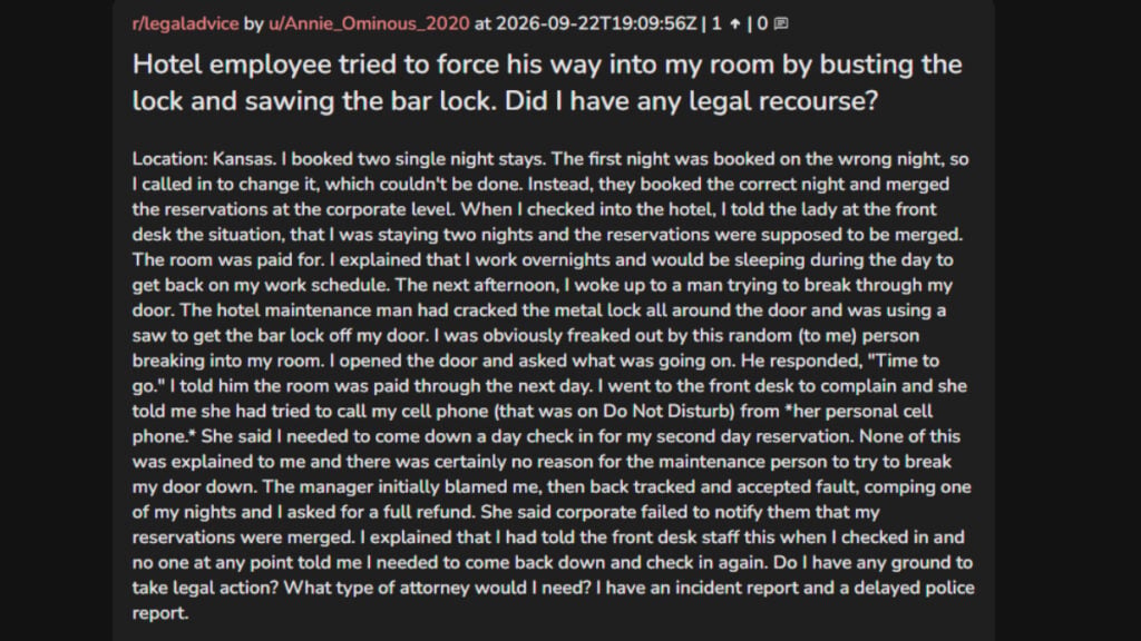 Kansas Hotel Guest Says She Awoke to Employee Sawing Through Her Locked Door