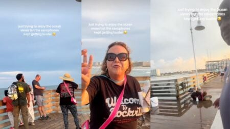 Florida woman confronts a Muslim family wearing a hijab at a Daytona Beach pier before slipping and falling on the wet boardwalk.