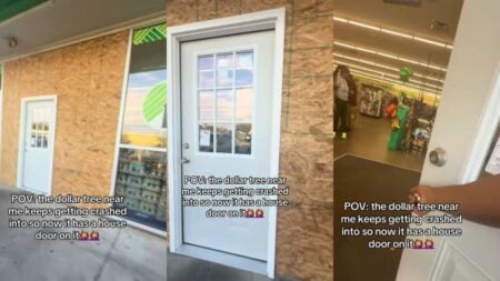 A store entrance replaced with a residential door.