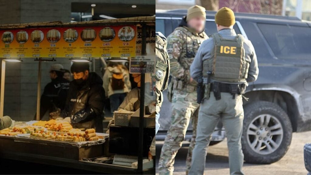 [L] A bustling street food stall offering hot snacks at a nighttime market; [R] ICE and ERO officers in West Palm Beach, Florida.
