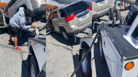 ‘I Just Know He Thought It Played Out Better in His Head’: Nevada Man Tries to Drive Repossessed SUV Off Tow Truck Man works to loosen strap around the rear tire of a SUV