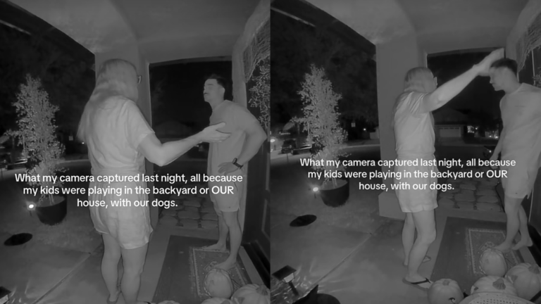 California Woman Threatens to Call Police Over Kids Playing in Their Own Backyard, Asks If They’re Autistic: ‘The Kids Need A Drum Set’ Night-vision porch camera footage of a woman confronting a father outside his California home.
