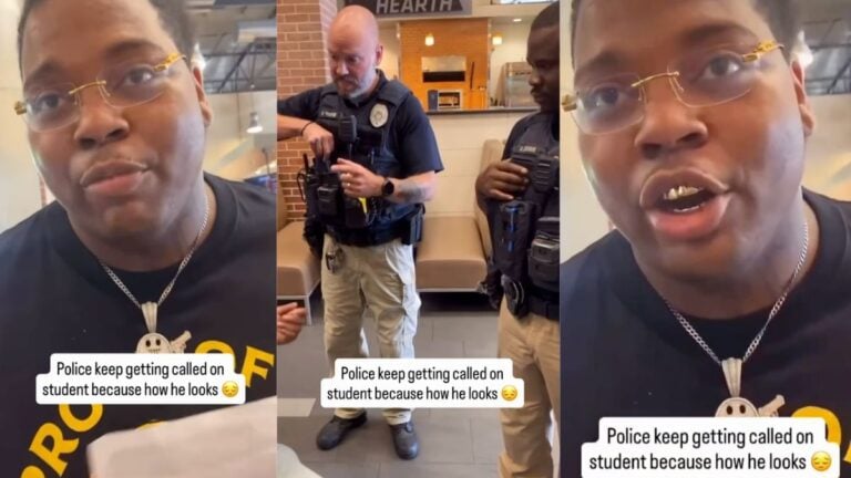 Student standing inside a Wichita State University building in Kansas as campus security and police officers talk nearby.