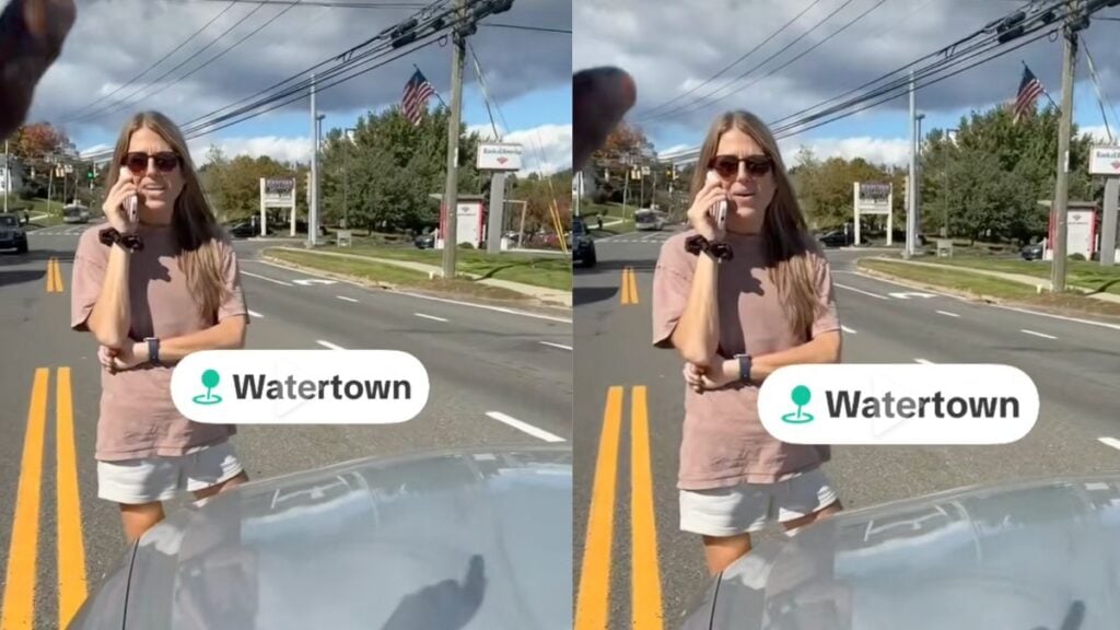 Connecticut Woman Allegedly Yells Racial Slur at Driver, Then Calls 911 on Him: ‘You Threw Trash at My Car’ Connecticut woman in a mauve shirt and white shorts standing in the road on her phone on Main Street in Watertown during an alleged road rage confrontation with a Black driver.