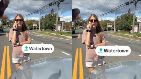 Connecticut Woman Allegedly Yells Racial Slur at Driver, Then Calls 911 on Him: ‘You Threw Trash at My Car’ Connecticut woman in a mauve shirt and white shorts standing in the road on her phone on Main Street in Watertown during an alleged road rage confrontation with a Black driver.