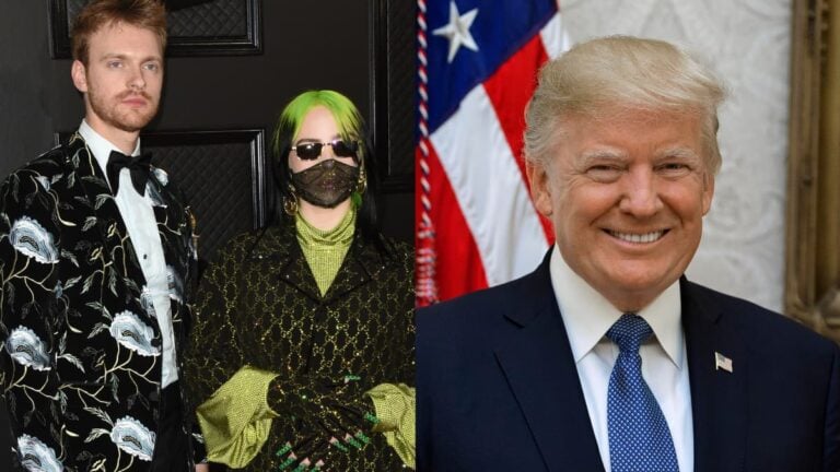 Singer Finneas Shares Story Worrying That Trump Will Bomb California: ‘This Is Literally My Fear’ A picture of California singer Finneas and Trump.