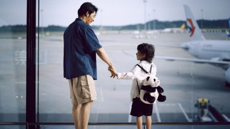 Hawaii Airport Staff Spot Young Child Wandering Around Baggage Drop-Off With No Parent in Sight: ‘That Kid Is Way Too Small to Be Exploring’ A father and child holding hands, gazing at planes through an airport window.