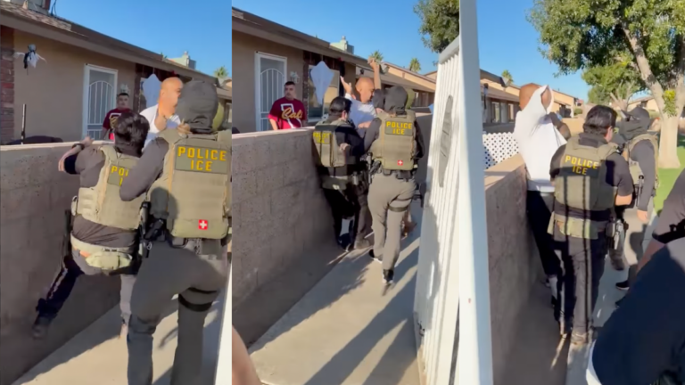 Backlash as ICE Agents Detain California Man Outside His Home While He Was Taking Autistic Nephew to School: ‘He’s Legal, He Lives Here!’ ICE agents in tactical vests detain a man in a white shirt at a gated home in Victorville, California.