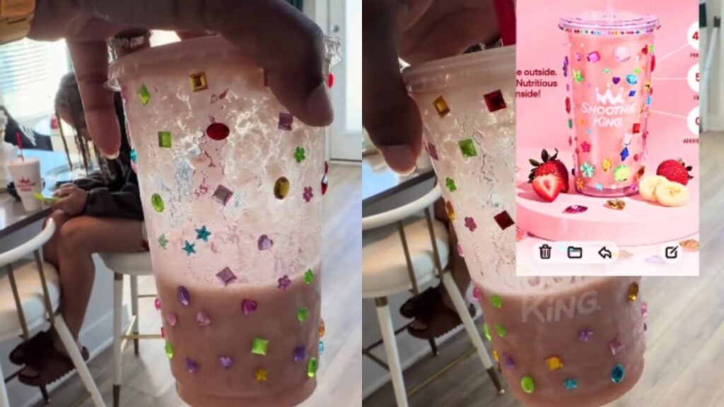 ‘Should’ve Asked for Bedazzled and Not Bamboozled’: Texas Woman Calls Out Smoothie King Over DIY Version of Advertised Cup Plastic cup with rhinestones glued all over.