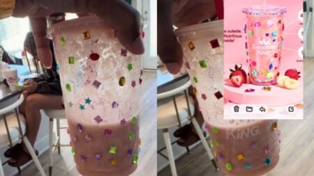 ‘Should’ve Asked for Bedazzled and Not Bamboozled’: Texas Woman Calls Out Smoothie King Over DIY Version of Advertised Cup Plastic cup with rhinestones glued all over.