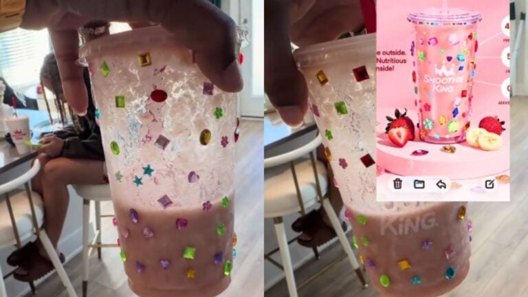 ‘Should’ve Asked for Bedazzled and Not Bamboozled’: Texas Woman Calls Out Smoothie King Over DIY Version of Advertised Cup Plastic cup with rhinestones glued all over.