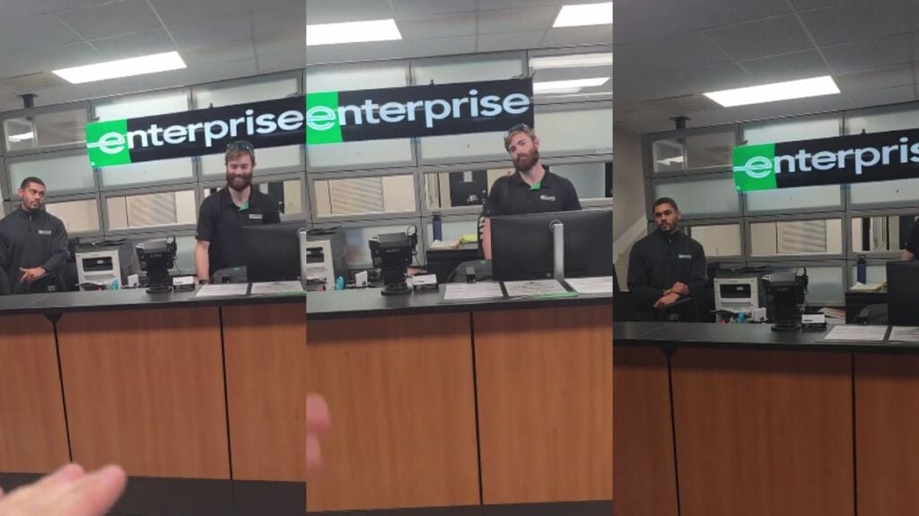 North Carolina Enterprise Workers Blasted After Customer Is Left Stranded: ‘Trash Behavior’ Two workers behind a counter.