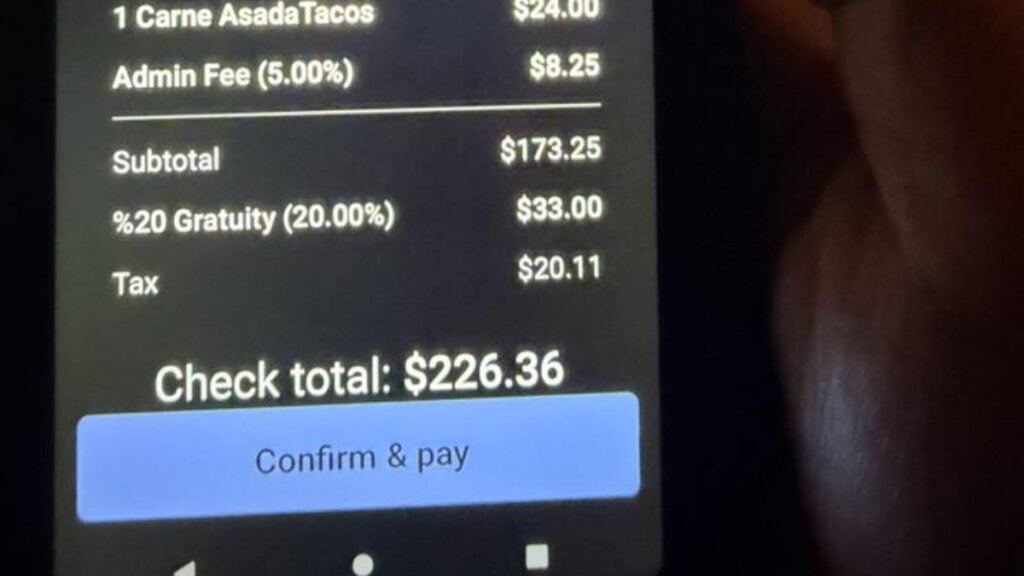 California Restaurant Hits Customer With 5% ‘Admin Fee’ on Top of Mandatory 20% Gratuity: ‘That Bill Is Extortion’ California Restaurant Hits Customer With 5 Percent Admin Fee on Top of Mandatory 20 percent Tip