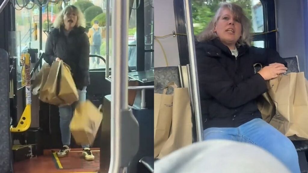 Washington Woman Touches Male Passenger’s Knee on Bus, Goes on a Crazy Rant When Called Out: ‘I Can Touch You If I Want To’ Screenshot from a TikTok video showing a woman seated on a bus in Washington during a confrontation with the passenger recording.