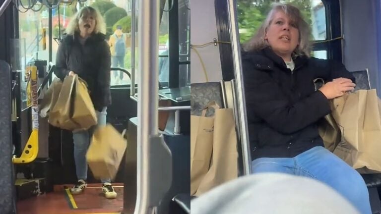 Washington Woman Touches Male Passenger’s Knee on Bus, Goes on a Crazy Rant When Called Out: ‘I Can Touch You If I Want To’ Screenshot from a TikTok video showing a woman seated on a bus in Washington during a confrontation with the passenger recording.