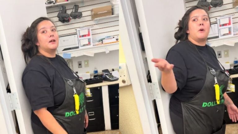 ‘They Better Go Look at Them Cameras’: Ohio Woman Says Dollar Tree Bag Went Missing After Worker Told Her to Leave It at Counter Store worker leaning against door.