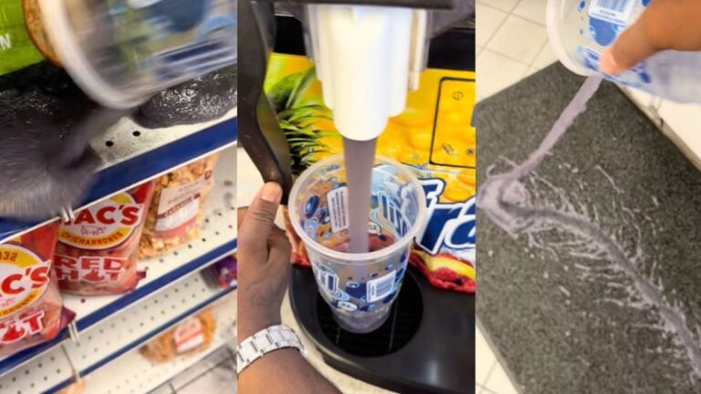California Man Accuses Cashier of Being ‘Racist’ Before Pouring Multiple Slurpees Across Store Floor: ‘Bruh, This Is Vandalism’ California man pours multiple cups of blue and purple Slurpee onto a store floor after accusing a cashier of racism.