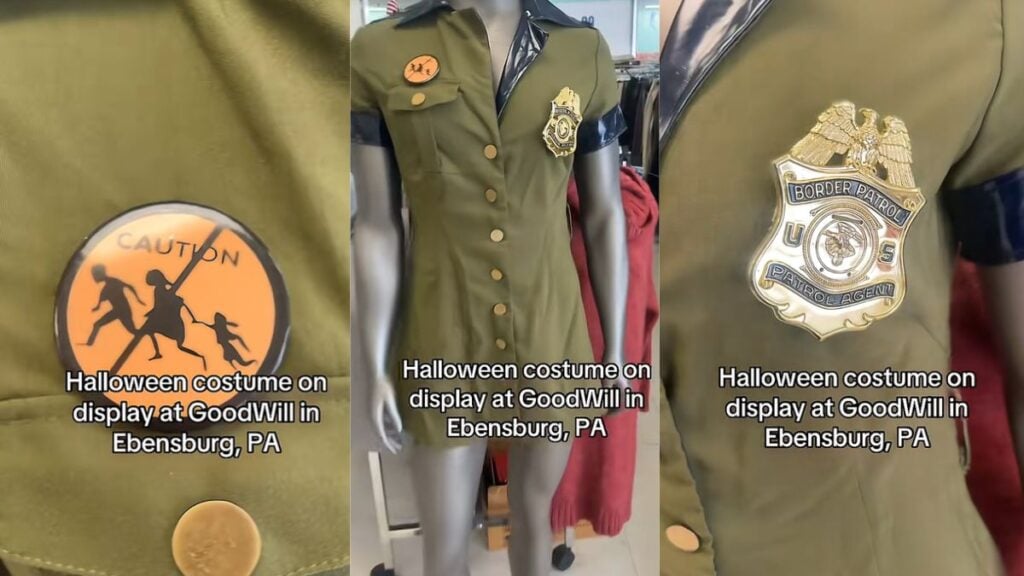 Pennsylvania Goodwill Store Draws Backlash Over ‘Sexy’ Border Patrol Halloween Costume With Controversial Warning Patch: ‘This Isn’t Remotely Funny’ Pennsylvania Goodwill mannequin wearing a Border Patrol Halloween costume with a slashed running family patch in viral TikTok video.