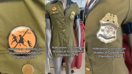 Pennsylvania Goodwill Store Draws Backlash Over ‘Sexy’ Border Patrol Halloween Costume With Controversial Warning Patch: ‘This Isn’t Remotely Funny’ Pennsylvania Goodwill mannequin wearing a Border Patrol Halloween costume with a slashed running family patch in viral TikTok video.