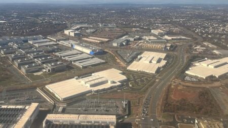 Aerial view of data centers intermingled with other commercial buildings in Loudoun County, near Ashburn