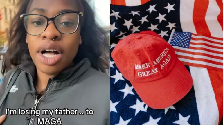 A picture of New York woman and a MAGA hat.